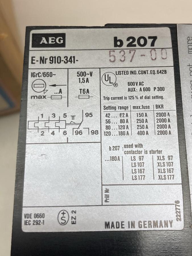 AEG Contactor,b 207 E-Nr 910-341-537-00,Contactor 500V 1.5A