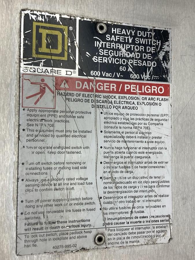 Used Square D,HU362DSE1,3-Pole Non-Fusible Safety Switch Type 1 Enclosure 60A 600Vac