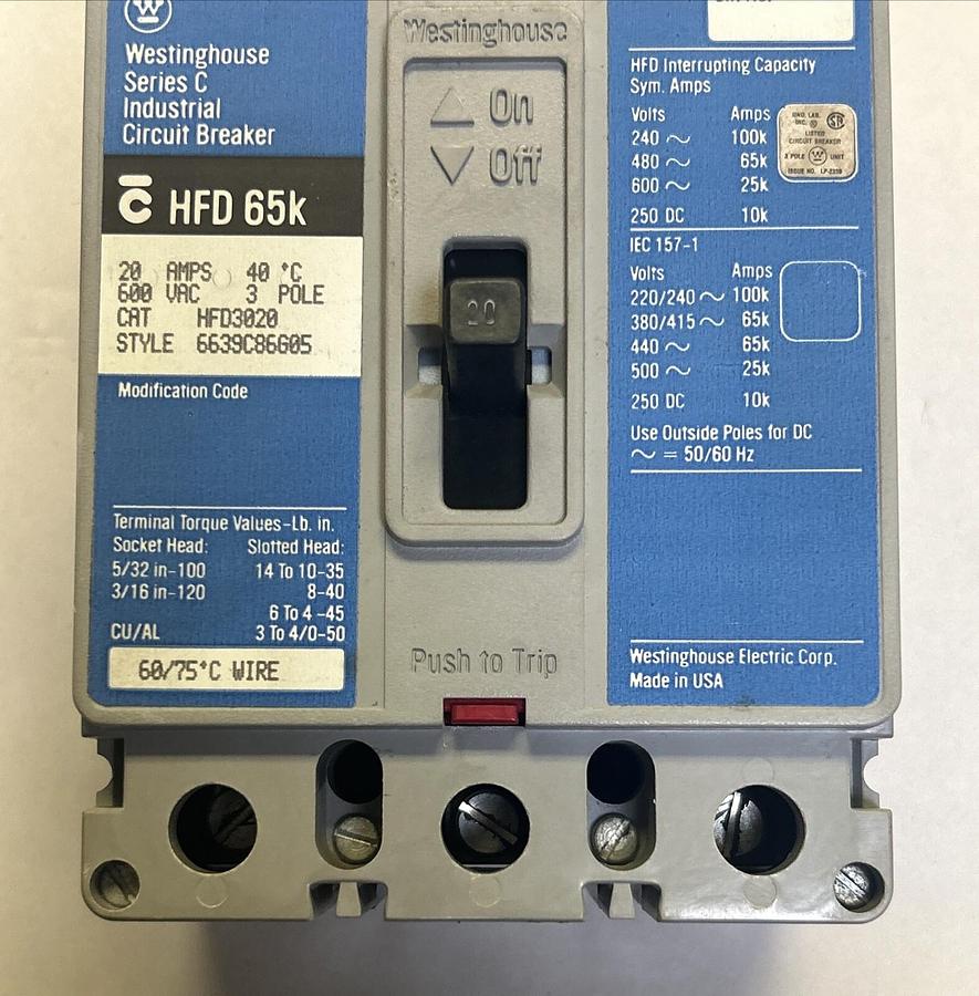 Used WESTINGHOUSE,HFD3020,CIRCUIT BREAKER 20A 600V 3P