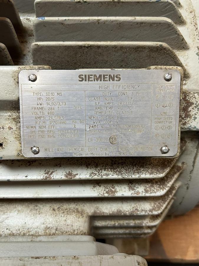 Used SIEMENS,1LE23012CM140AA3,DUAL SPEED MOTOR 20/5HP 460V 1770/880RPM 3PH 284T FRAME