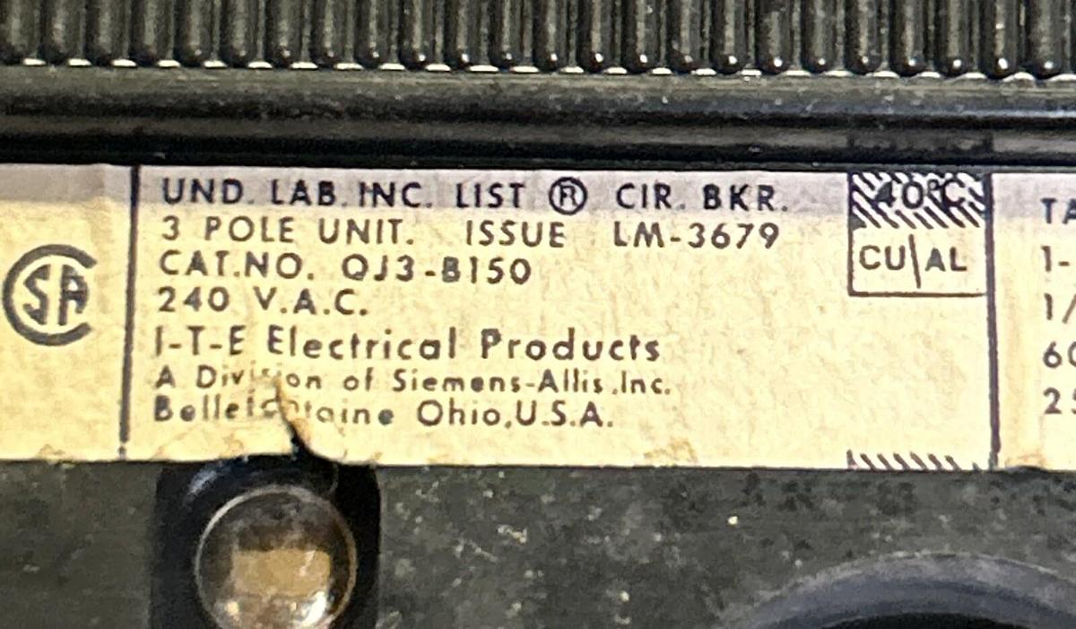 Used ITE,QJ3-B150,CIRCUIT BREAKER 150A 240V 3P