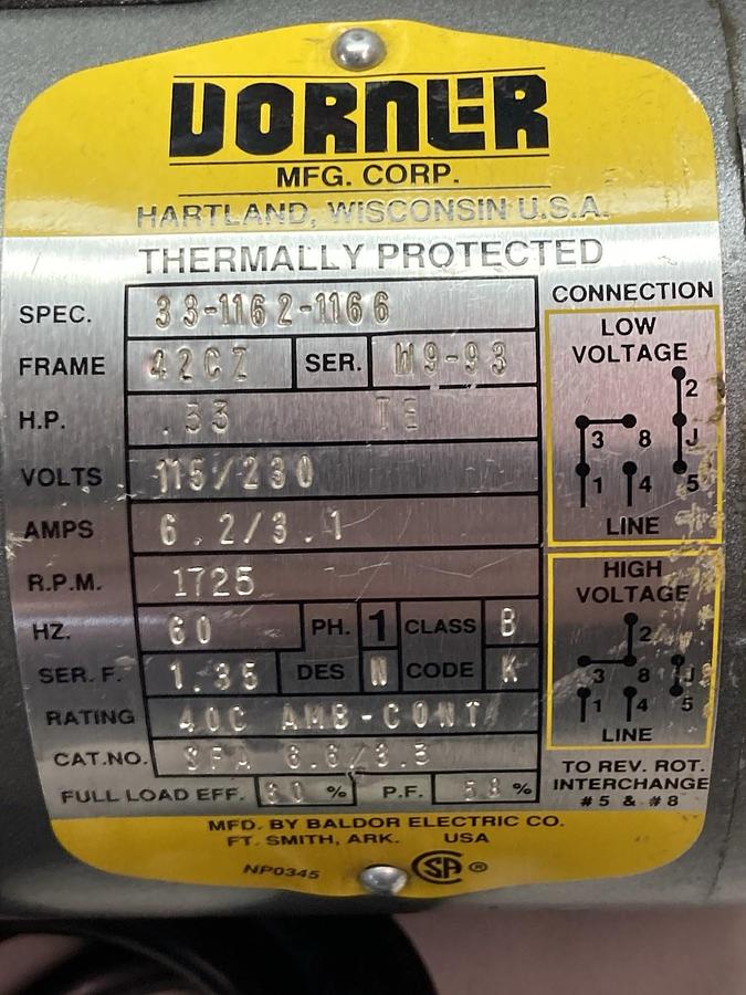 Used Vorner,33-1162-1166,Single Phase Motor 0.33Hp 115/230V Frame 42CZ
