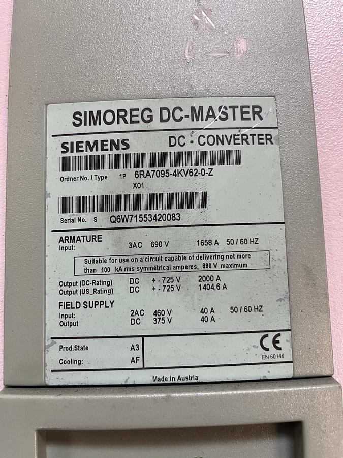 Used SIEMENS,6RA7095-4KV62-0-Z,SIMOREG DC CONVERTER DRIVE 2000A OUTPUT