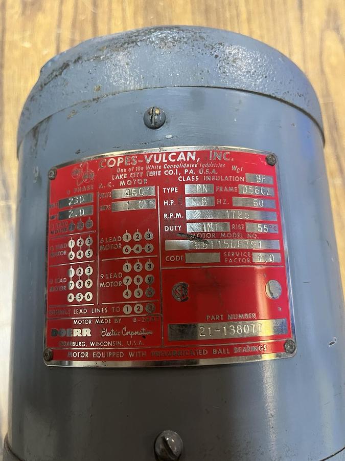 Used COPES-VULCAN,21-138077,MOTOR .6HP 230/460V 3PH 1725RPM D56CZ