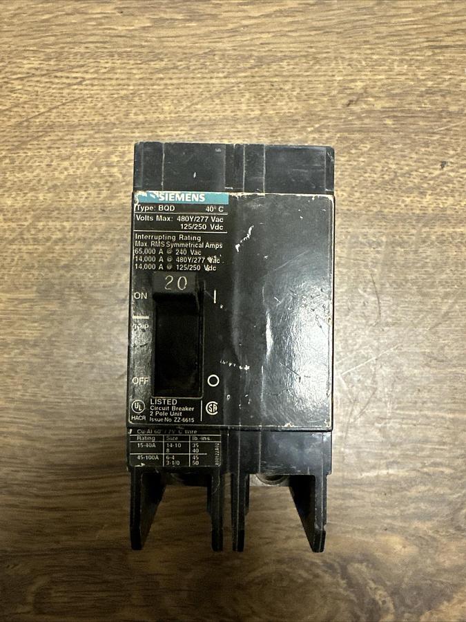 Used Siemens,BQD,20 Amp 2 Pole Circuit Breaker