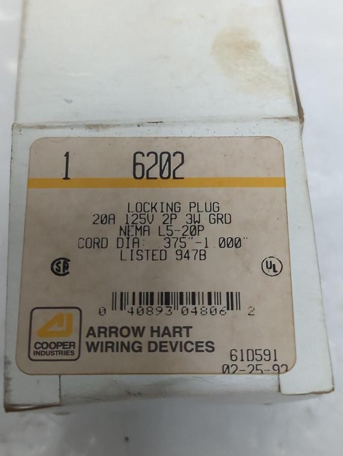 ARROW HART,6202,LOCKING PLUG NEMA L5-20P 125V 20A 2P 3W NOS