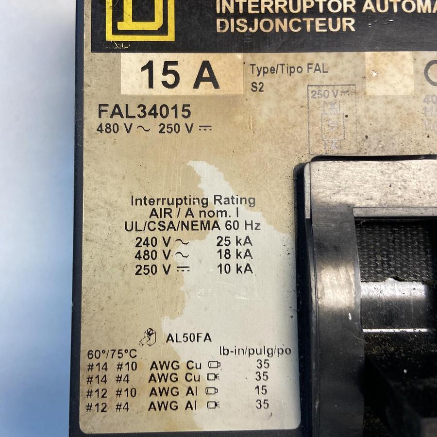 Used Square D,FAL34015,15Amp 480V Circuit Breaker