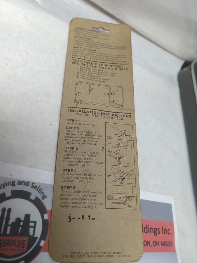 PRIMELINE PARTS CO.,H-3508,CASEMENT WINDOW OPERATOR 9 IN ARM RT. HAND NOS