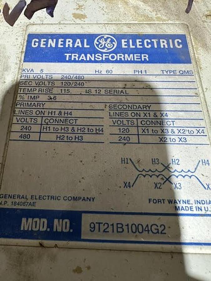 Used GE,9T21B1004G2,5 KVA Transformer HV 240/480V- LV 120/240V 1PH
