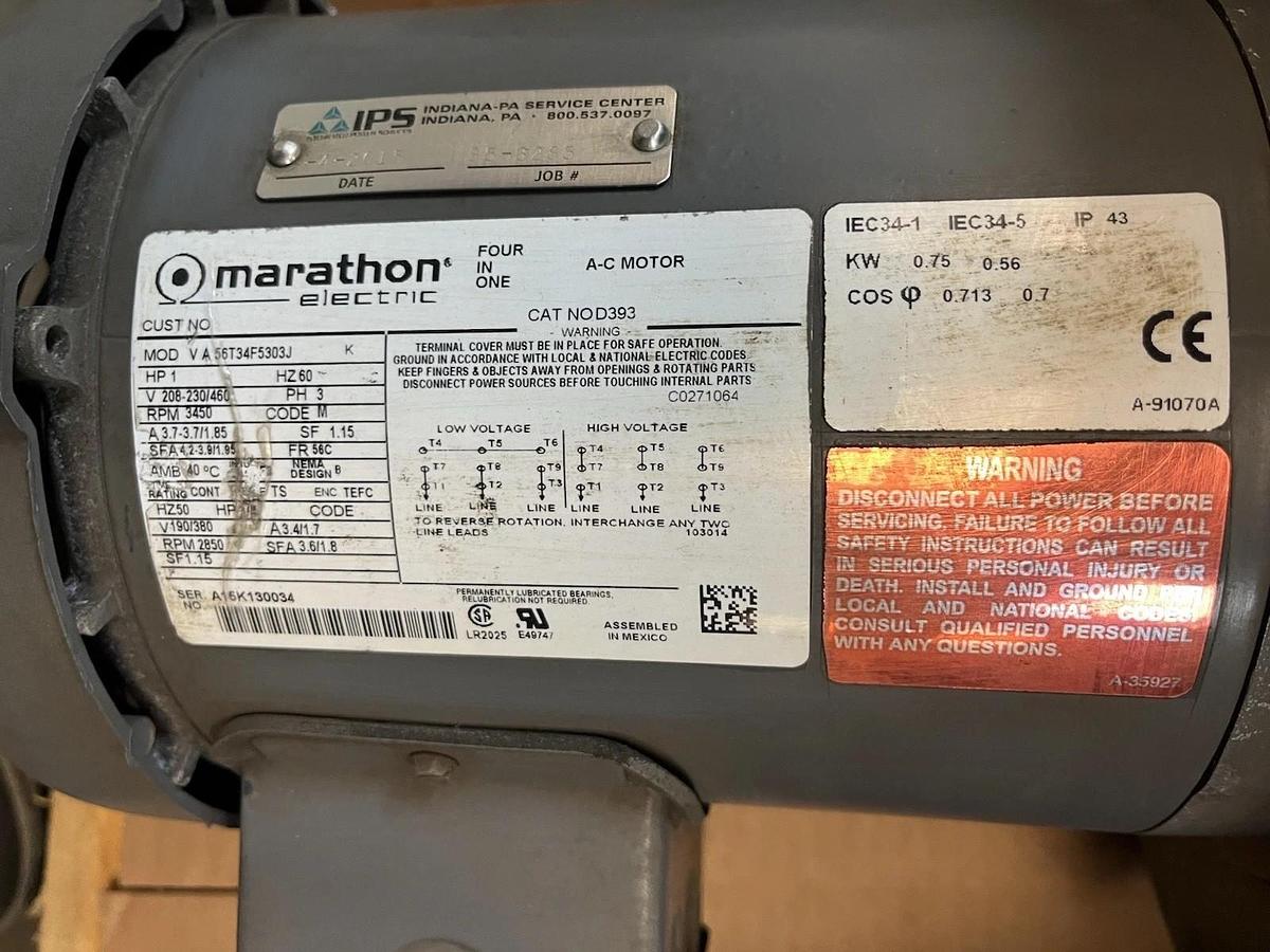 Used MARATHON,NOD393,BLOWER 1HP 3450RPM 3PH MOTOR