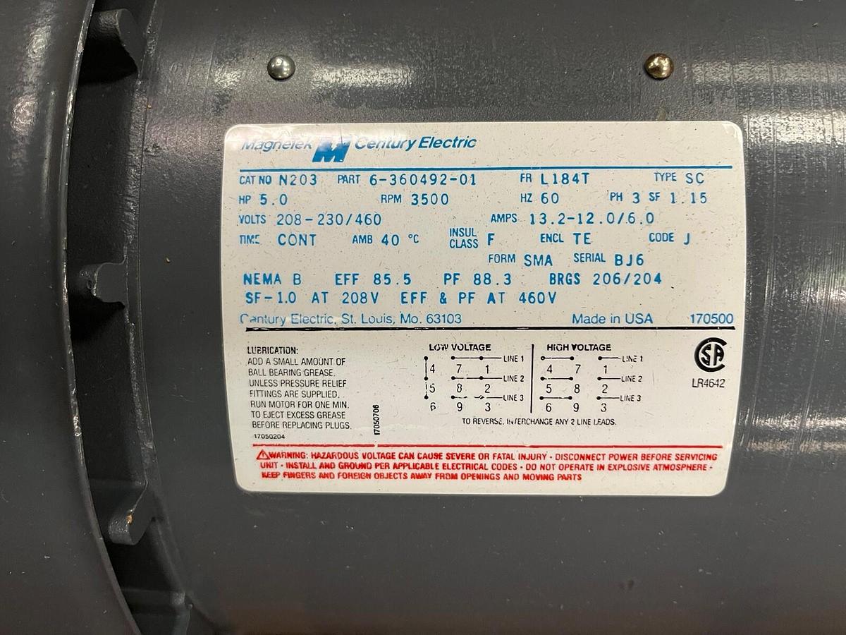 MAGNETEK CENTURY,N203,5HP MOTOR 3500RPM 3PH FR L184T 6-360492-01