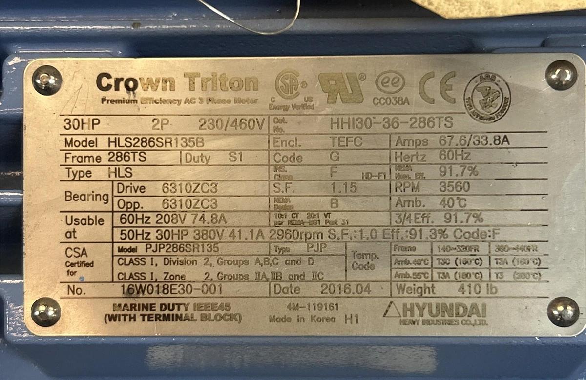 CROWN TRITON,HHI30-36-286TS,MOTOR 30HP 3560RPM 230/460V 286TS FRAME NOS