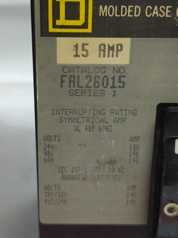 Used SQUARE D,FAL26015,MOLDED CASE CIRCUIT BREAKER 2-POLE 15 AMP PRE-OWNED