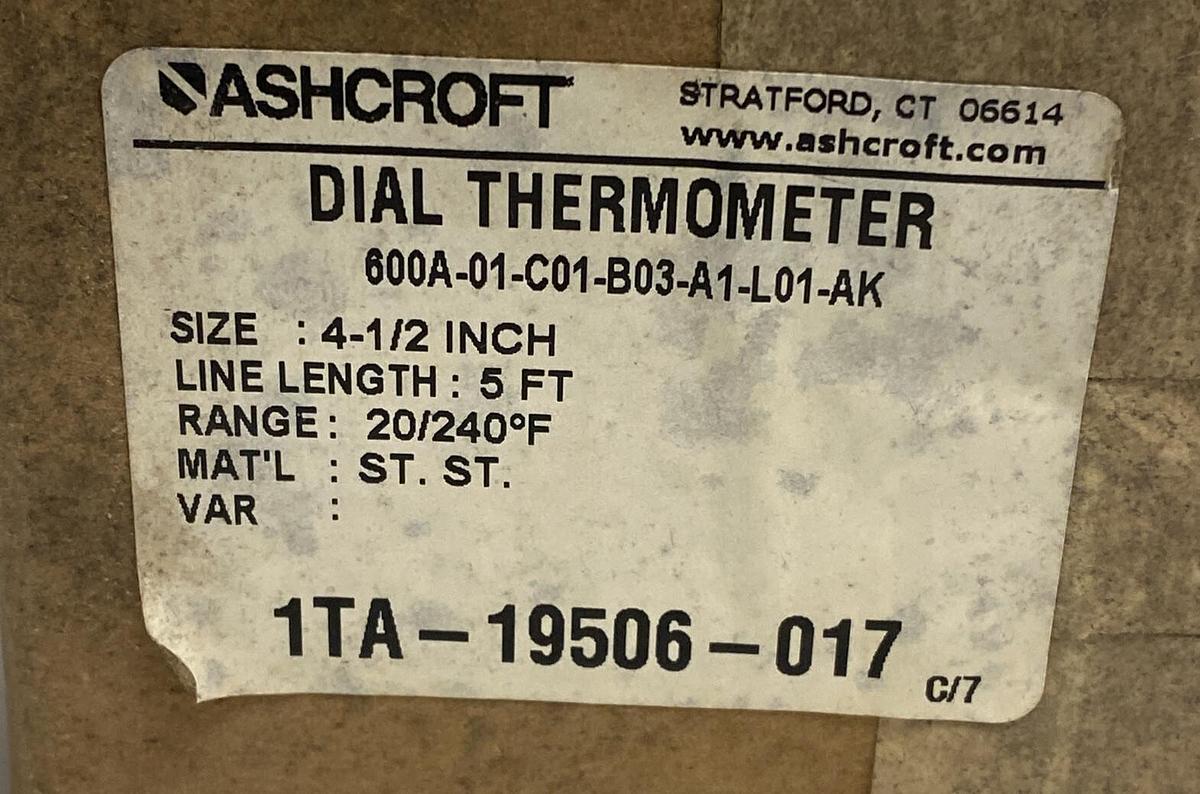 Used Ashcroft,600A-01-C01-B03-A1-L01-AK,Dial Thermometer 4-1/2 INCH 5Ft 20-240F