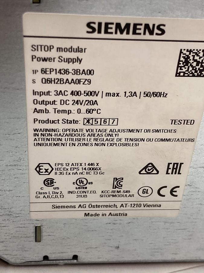Used Siemens,6EP1 436-3BA00,Power Supply 3AC 400V-500V 50/60Hz