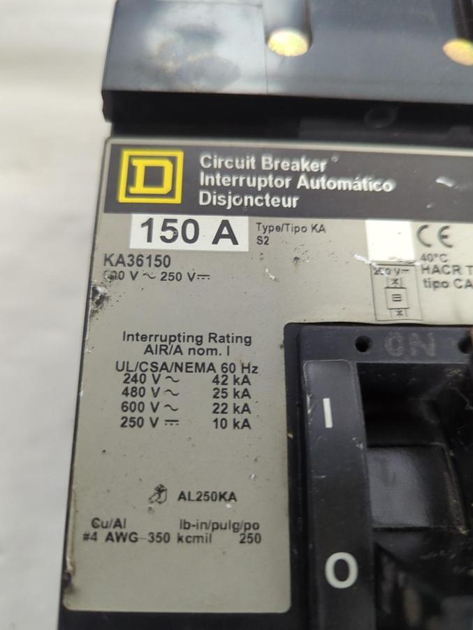 Used SQUARE D,KA36150,CIRCUIT BREAKER 3-POLE 150 AMP PRE-OWNED