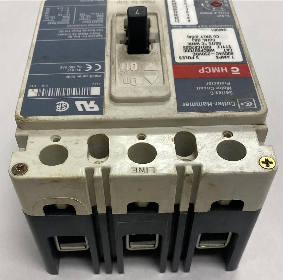 Used Cutler-Hammer,HMCP007C0C,Circuit Breaker 7A 600V 3 Pole