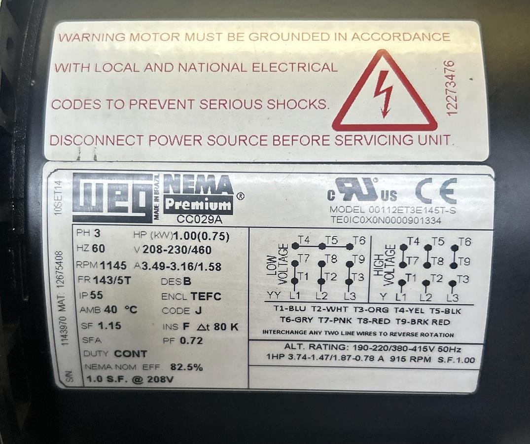 WEG,00112ET3E145T-S,MOTOR 1HP 1145RPM 208-230/460V 3PH 143/5T FRAME