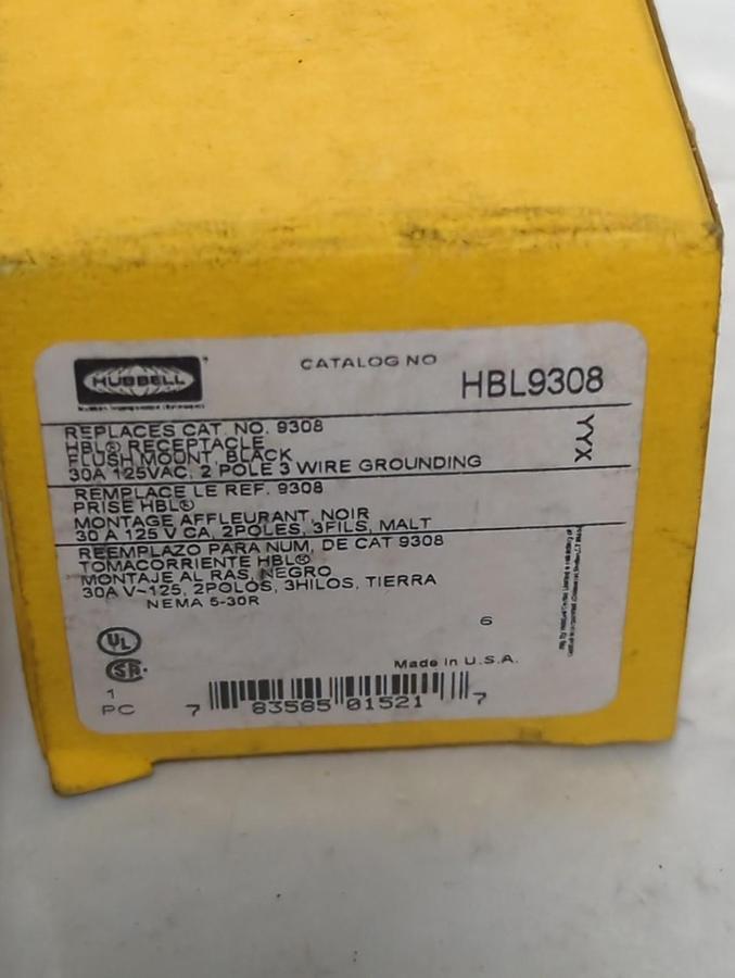 HUBBELL,HBL9308,RECEPTACLE 30 AMP 125VAC 2-POLE 3-WIRE NOS
