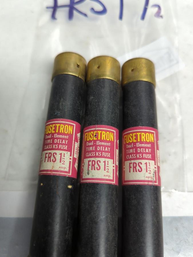 Used COOPER BUSSMANN,FRS-1-1/2,FUSETRON 1-1/2 AMP FUSE LOT OF 3 PRE-OWNED