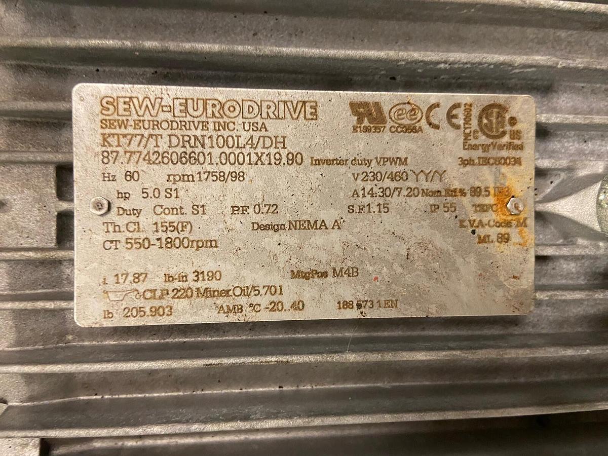 Sew Eurodrive,KT77/T-DRN100L4/DH,Gearmotor 5Hp Ratio 17.87 Output 98RPM
