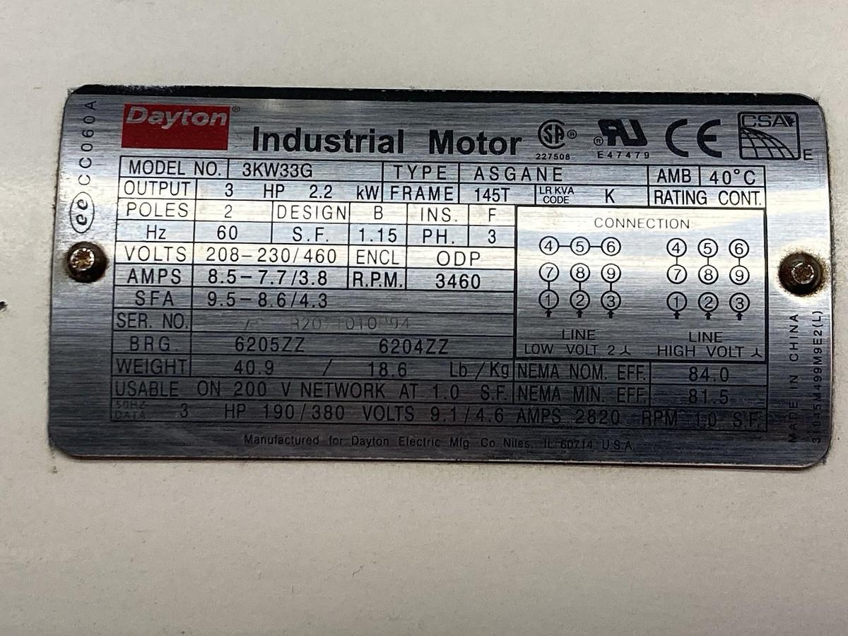 Used Dayton,3KW33G,3-Phase Industrial Motor 3HP 3460RPM Frame 145T 3PH
