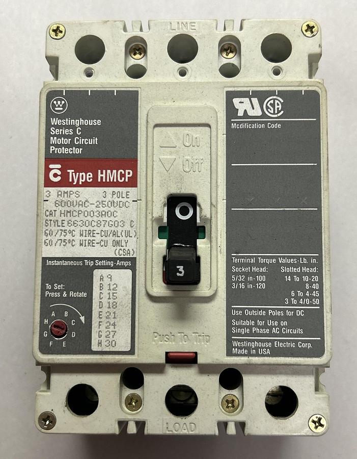 Used WESTINGHOUSE,HMCP003A0C,CIRCUIT BREAKER 3A 600V 3P