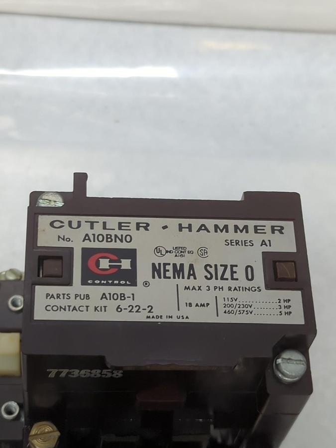 Used CUTLER-HAMMER,A10BN0,CONTACTOR 3-POLE 18 AMP SIZE 0 PRE-OWNED