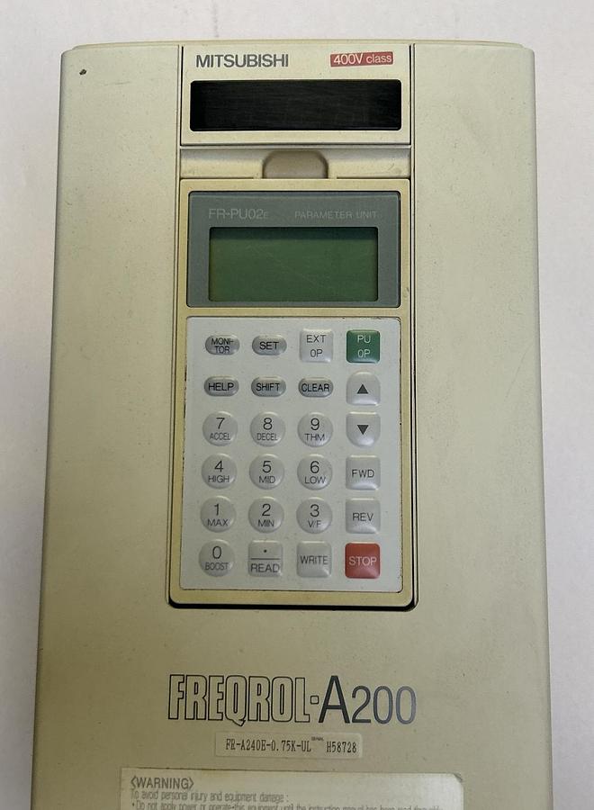 Used MITSUBISHI,FR-A240E-0.75K-UL,INVERTER DRIVE 1HP W/ FR-PU02E PARAMETER UNIT