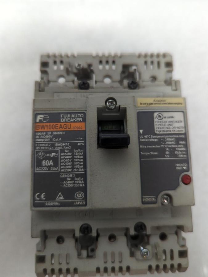 Used FUJI,BW100EAGU,CIRCUIT BREAKER 60 AMP 3-POLE PRE-OWNED