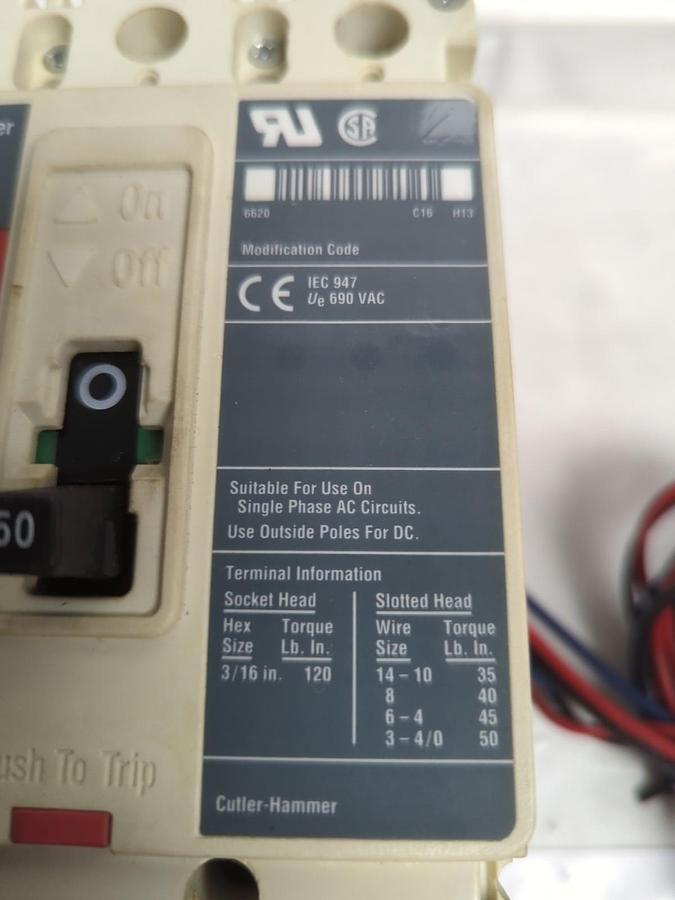 Used CUTLER HAMMER,HMCP050K2C,MOTOR CIRCUIT PROTECTOR 50 AMP 3-POLE PRE-OWNED