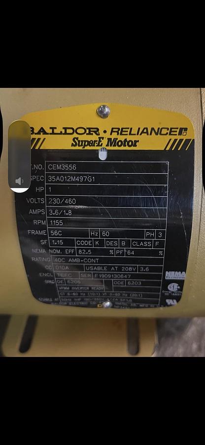 Used BALDOR,CEM3556,SUPER E MOTOR 1HP 3PH 56C 1155RPM