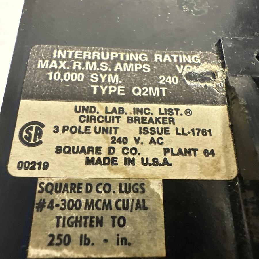 Used Square-D,Q2M3225MT,225 Amp 3 Pole Molded Circuit Breaker