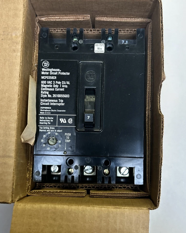 WESTINGHOUSE,MCP0358CR,CIRCUIT BREAKER 7A 600V 3P NEW