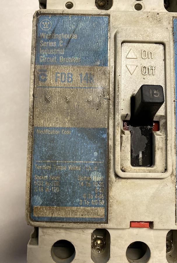 Used Westinghouse,FDB3015,Circuit Breaker 15AMP 600V 3 Pole