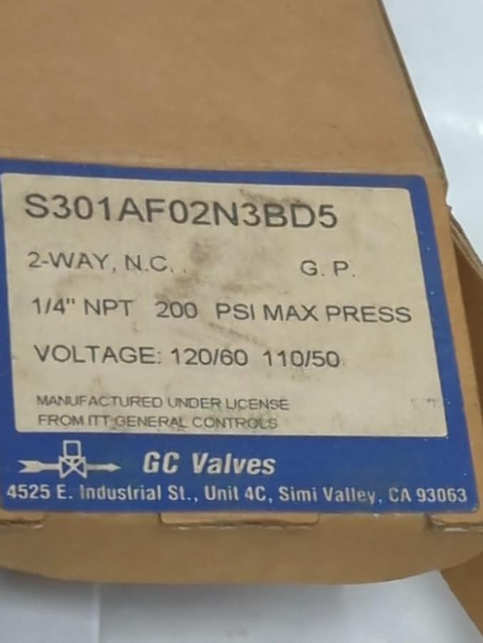 GC VALVES,S301AF02N3B05,SOLENOID VALVE 2-WAY 1/4 NPT NOS