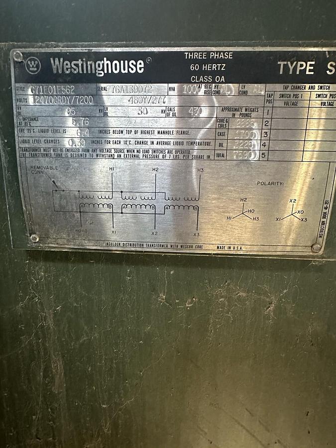 Used Westinghouse,1000KVA Padmount Transformer,12470GRDY/7200-480Y-277