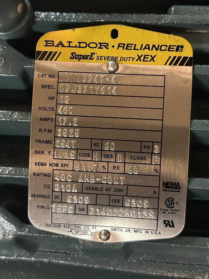 BALDOR,ECP2394T-4,MOTOR 15HP 3525RPM 460V 3PH 254T FRAME NOS