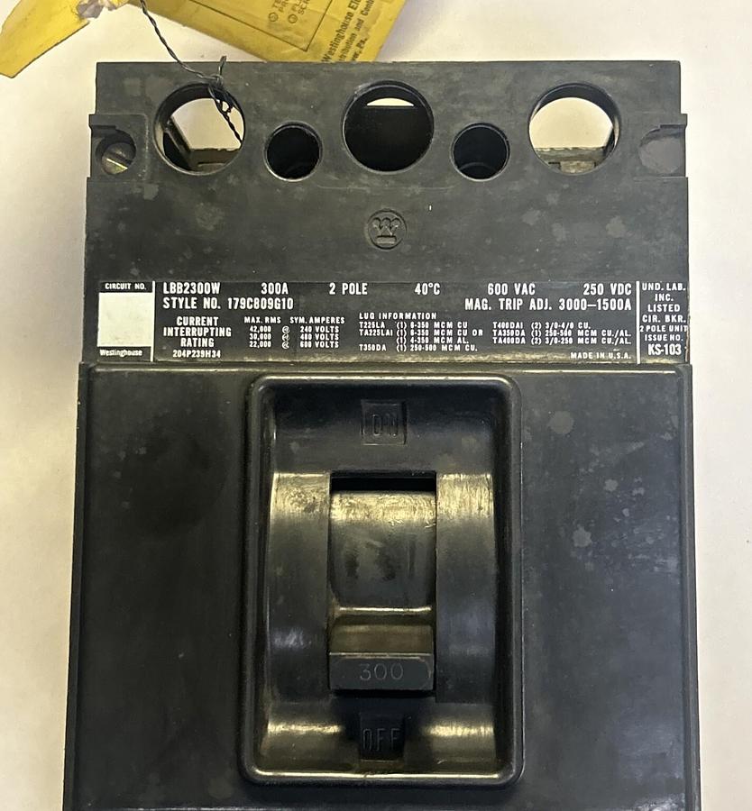 Used WESTINGHOUSE,LBB2300W,CIRCUIT BREAKER 300A 600V 2P