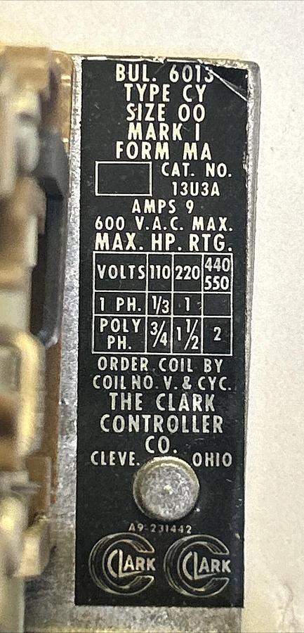 Used CLARK,13U3A,MOTOR STARTER SIZE 00