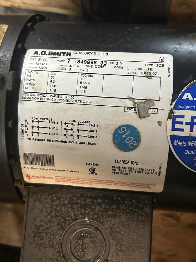 Used AO SMITH,E122,MOTOR 2HP 230/460V 1745RPM 3PH M145T FRAME