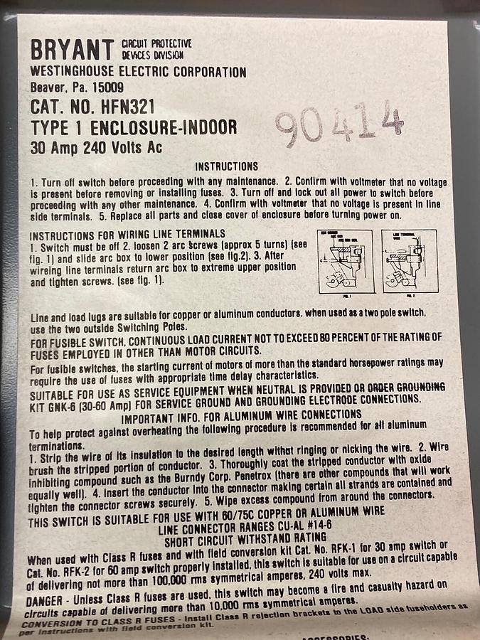 Used Westinghouse,HFN321,Indoor Disconnect Safety Switch 30 Amp 240AC Volts