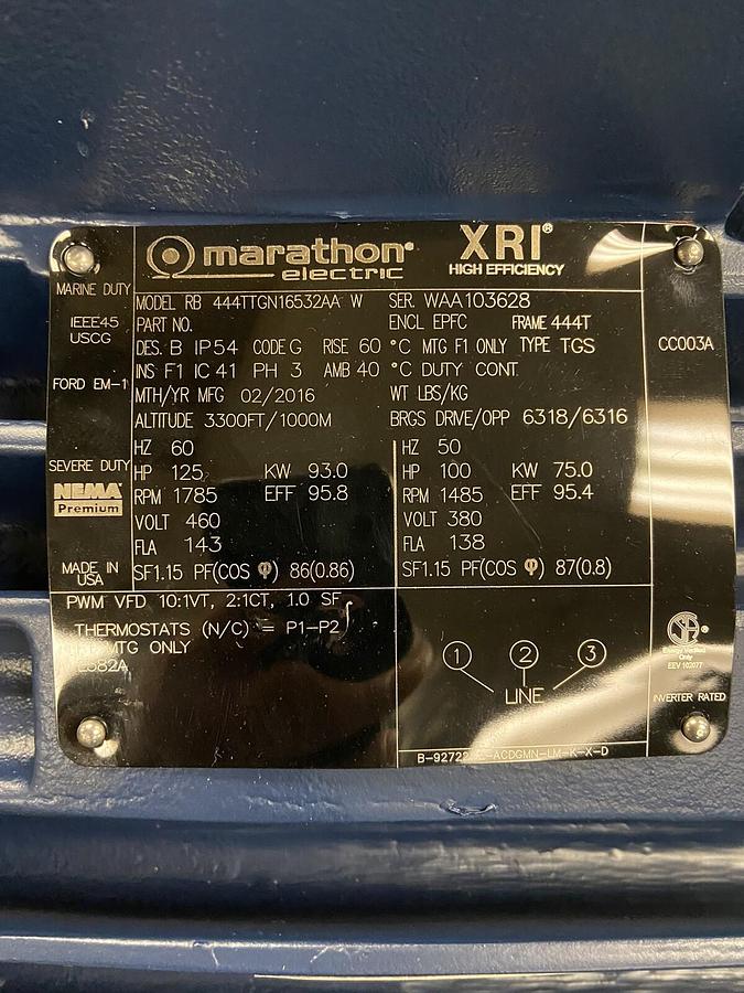 Used Marathon,XRI 444TTGN16532AA-W,125Hp Severe Duty Motor 1785RPM Frame 444T