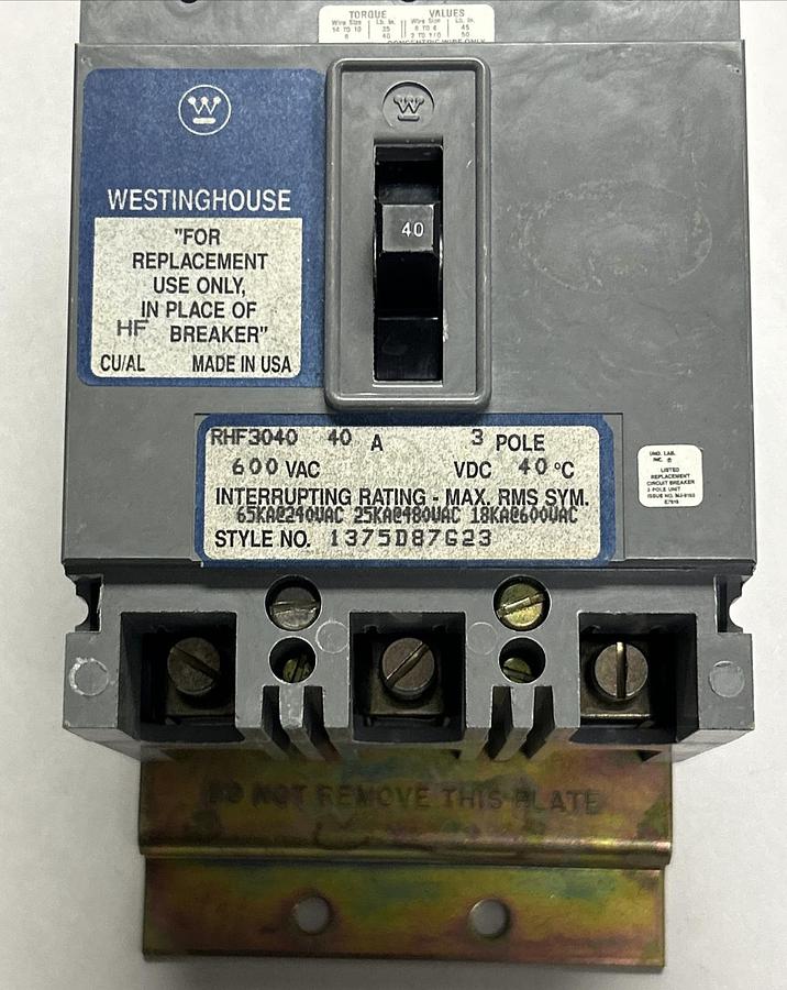 WESTINGHOUSE,RHF3040,CIRCUIT BREAKER 40A 600V 3P NOS