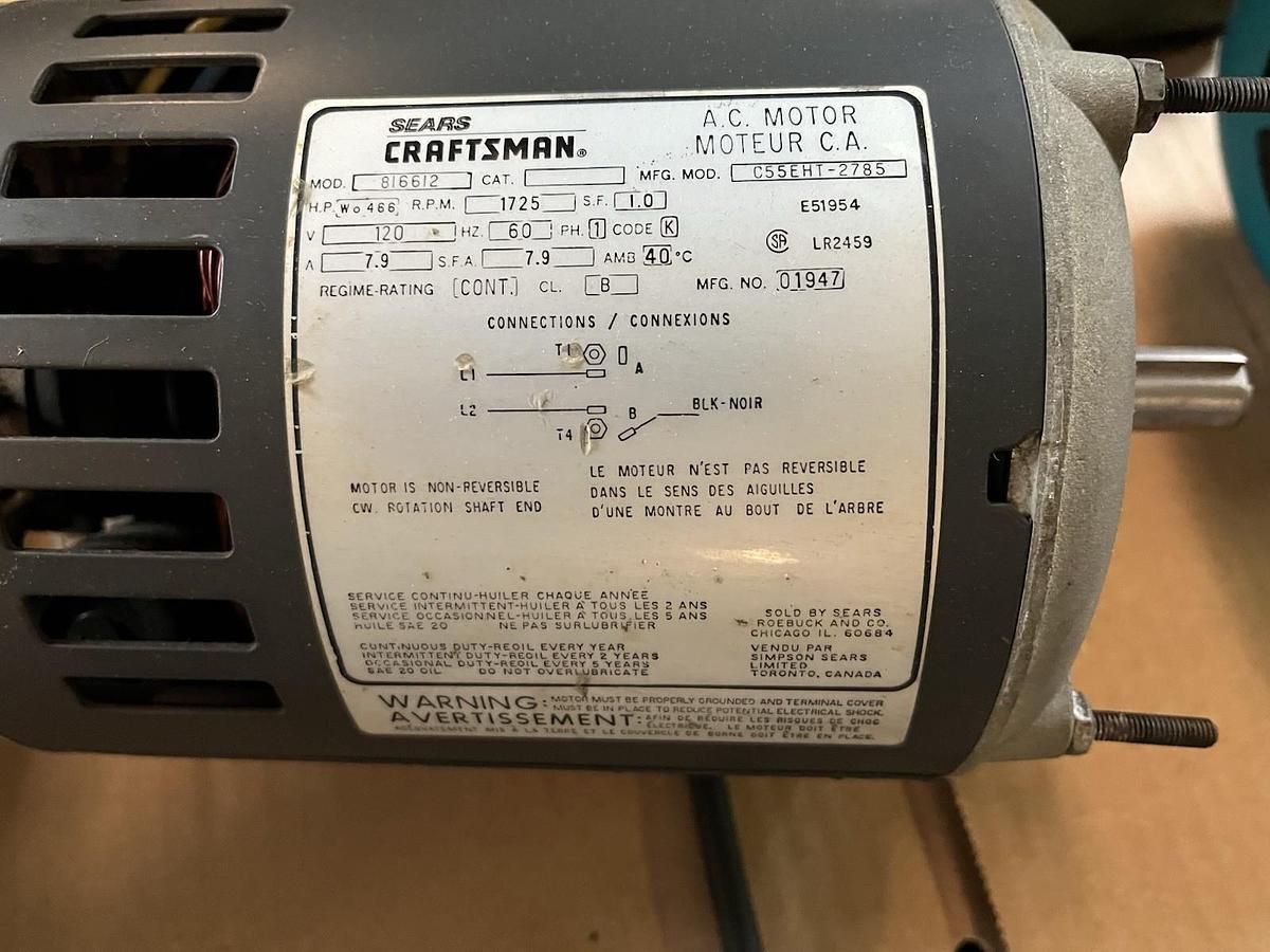Used SEARS CRAFTSMAN,816612,MOTOR HP Wo466 1725RPM 120V 1PH