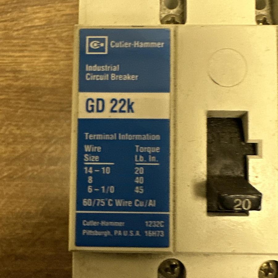 Used Cutler Hammer,GD-22K,20Amp Circuit Breaker