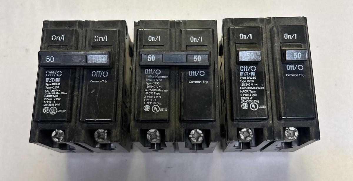 Used EATON,BR250,CIRCUIT BREAKER 50A 120/240V 2P LOT OF 3