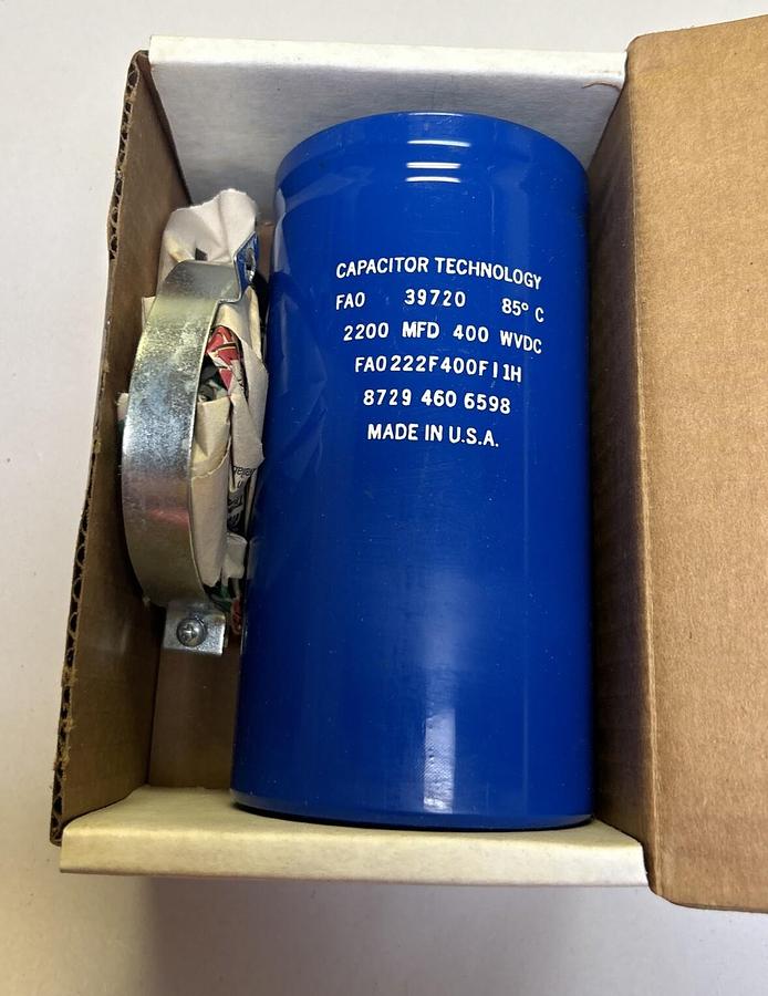 CAPACITOR TECHNOLOGY,FA0222F400FI1H,CAPACITOR 2,200 MFD 400 WVDC NOS