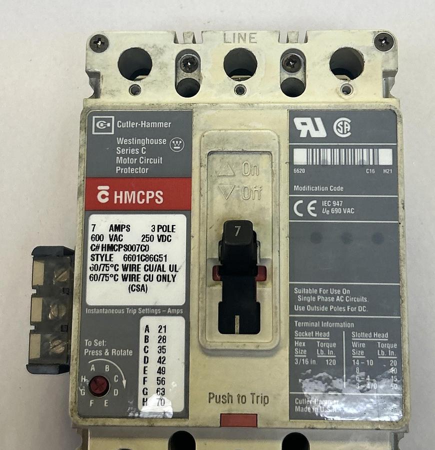Used CUTLER-HAMMER,HMCPS007C0,CIRCUIT BREAKER 7A 600V 3P