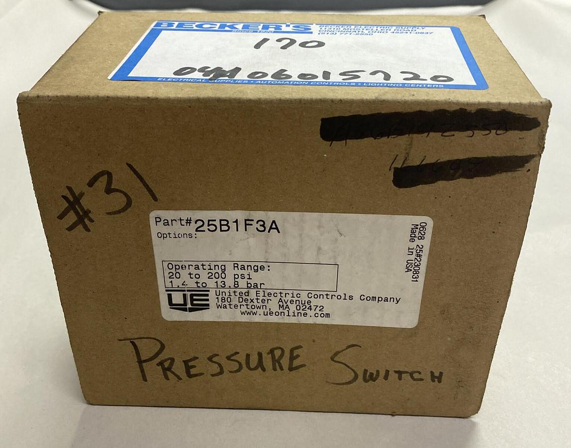 UNITED ELECTRONIC CONTROLS,25B1F3A, PRESSURE SWITCH 20-200PSI NEW